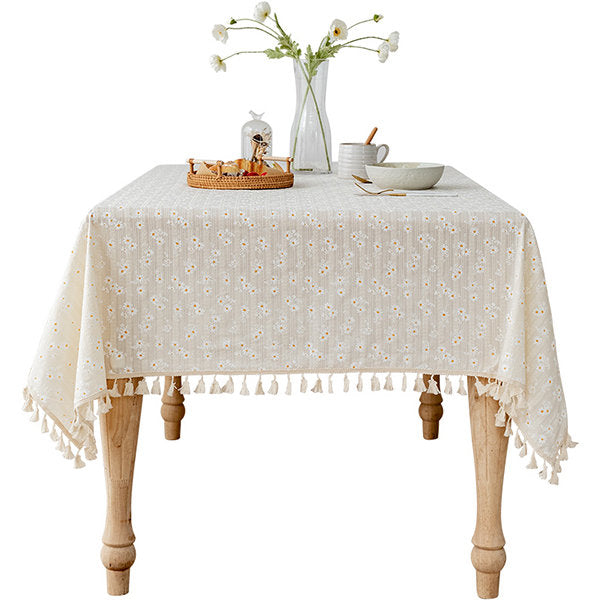 Daisy Delight Tablecloth - Cotton - Country Cottage Charm - Delicate Tassel Edges