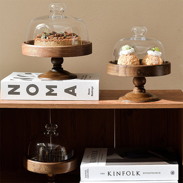 Elegant Pedestal Dessert Stand - Wooden Base - Glass Dome - Party or Wedding