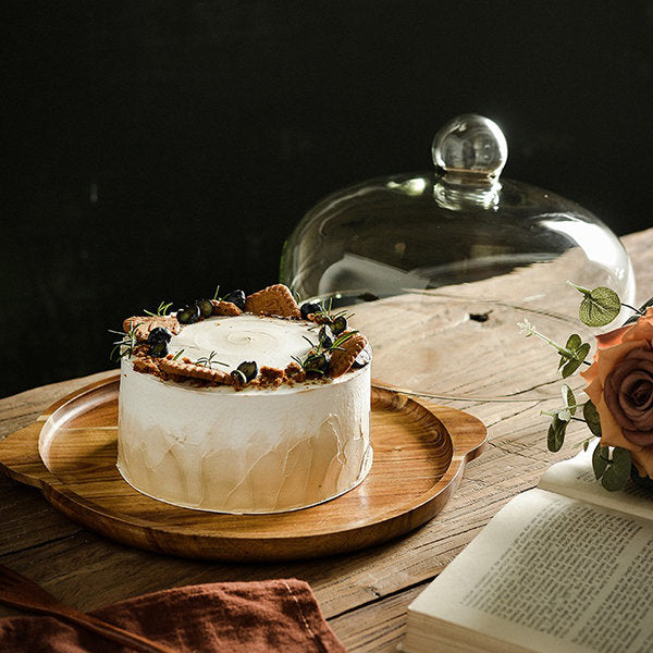 Double-Handled Cake Tray - Glass Cover - Wooden Base - Elevate Your Dessert Display