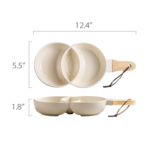 Ceramic Divided Plates - Beige - Gray - Wooden Handle - Convenient Divided Sections