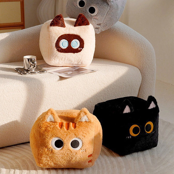 Adorable Cube Cat Pillow - Soft Plush - Cuddly Companions - Gray - Orange