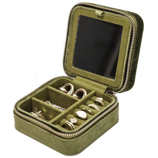 Elegant Portable Jewelry Organizer - With Mirror - Green - Khaki - Storage Case