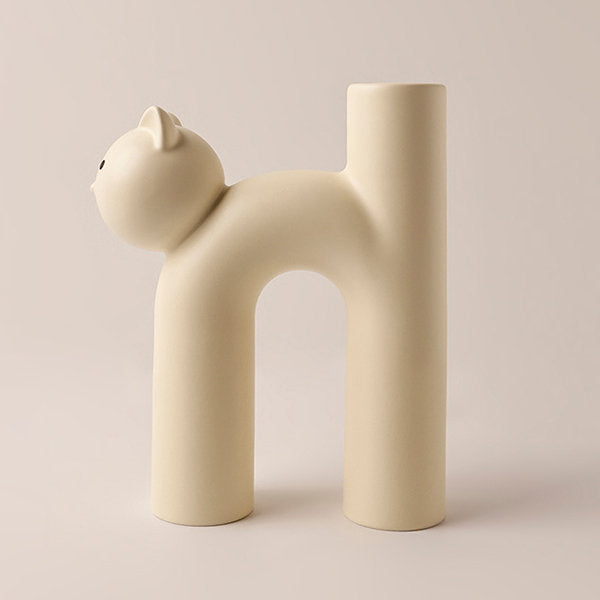 Adorable Cat-Shaped Ceramic Vase - Playful and Charming - Pink - Beige