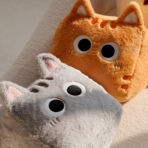 Adorable Cube Cat Pillow - Soft Plush - Cuddly Companions - Gray - Orange