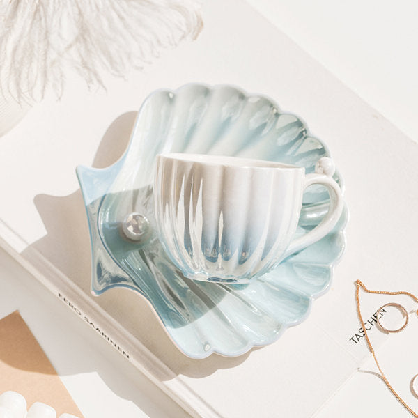 Ceramic Seashell Pearl Cup and Saucer Set - Elegant Accent - Pink - Blue