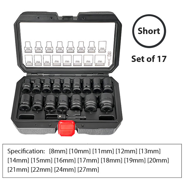 Impact Socket Set - CR-MO Steel - Short Long Combo Options - Heavy Duty for Automotive Repair - Anti-Rust Black Finish - Portable Storage Case