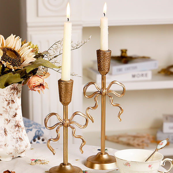 French Style Gold Bow Candle Holder - Elegant Alloy Candelabra Decoration - Short Tall or Two-Piece Set - Christmas Home Décor