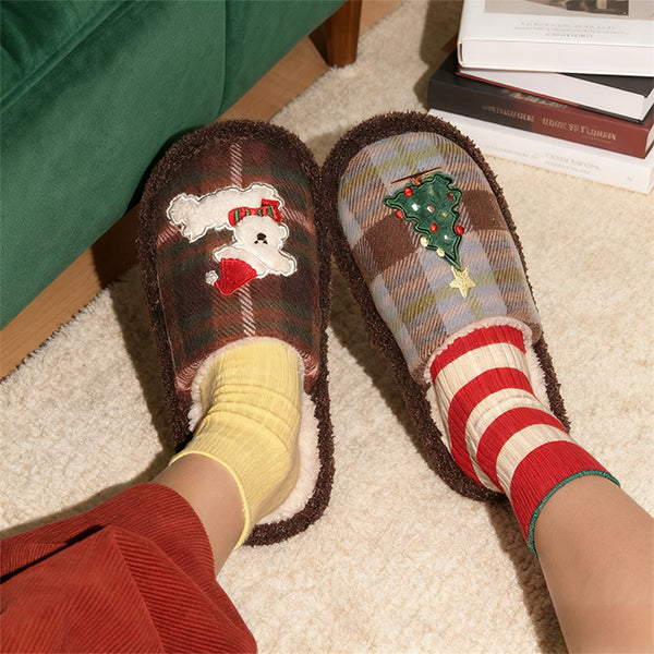 Christmas Embroidered Puppy Slippers - Plush and EVA Sole - Blue and Brown - Three Sizes - Cozy Winter Holiday Home Shoes