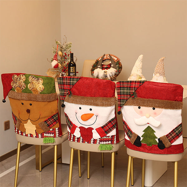 Christmas Chair Back Covers - Santa Snowman and Reindeer Designs - Short Plush Material - Holiday Dining Chair Decoration - Festive Home Party Décor