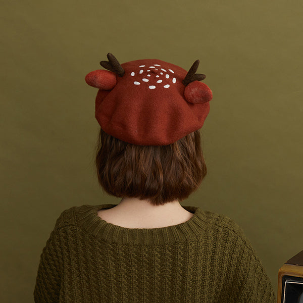 Wool Felt Reindeer Beret Hat - Christmas Antler Cap - Festive Winter Accessory