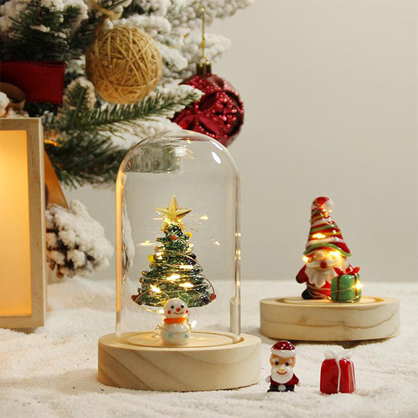 Glass Dome Christmas Table Ornament - Light-Up Wooden Base Decor - Santa and Tree Options - Holiday Gift Decoration