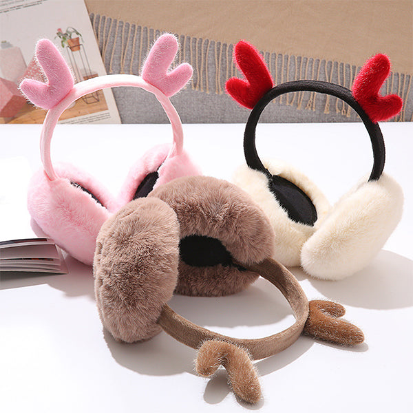 Foldable Reindeer Antler Earmuffs - Soft Plush Material - Compact Design - 3 Styles Available