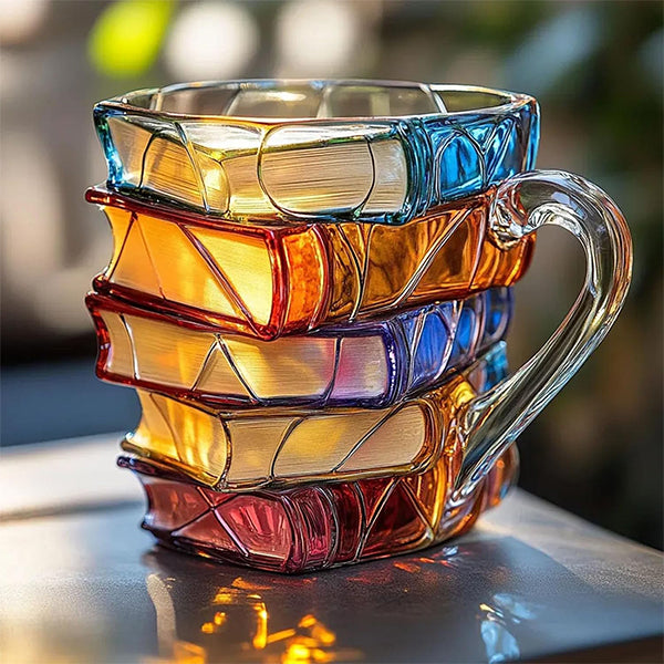 3D Painted Book Glass Mug - Handcrafted Stacked Book Design - Colorful Art Style