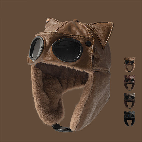 Cat Ear Aviator Hat - PU Leather Winter Cap - Furry Lined Pilot Helmet - Retro Goggles Design - Cute Warm Headwear