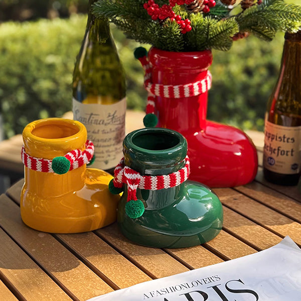 Ceramic Christmas Boot Vase - Festive Flower Holder - Red Green Yellow Holiday Decoration - Glossy Finish Home Ornament