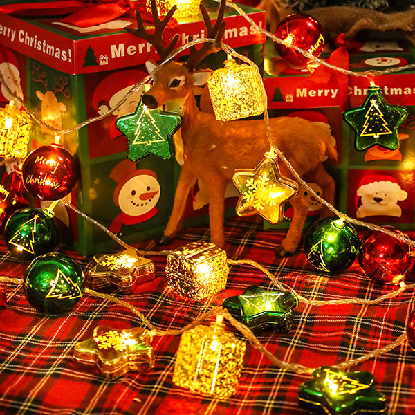 Christmas String Lights - Stars Gift Boxes and Balls - Battery & USB Powered - Indoor Outdoor Holiday Decoration