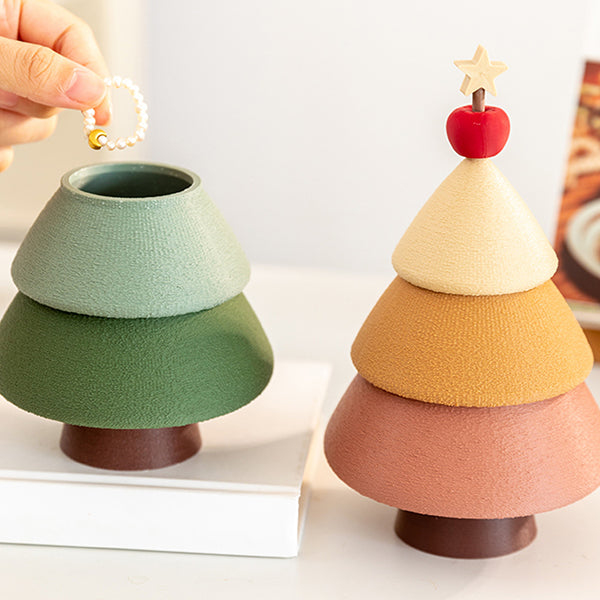 Christmas Tree Jewelry Storage Box - Double Layer Organizer - Eco-friendly PLA and Flocked Finish - Forest Green and Cinnamon Brown - Holiday Gift for Women