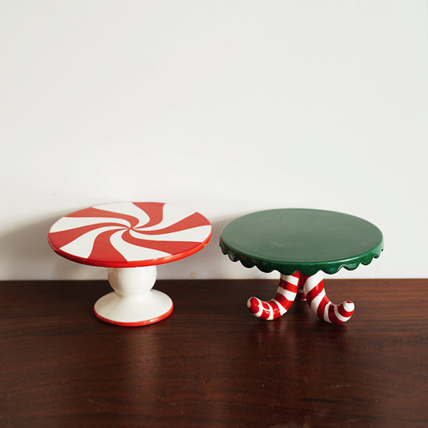 Hand Painted Christmas Cake Stand - Ceramic High Footed Plate - Festive Candy Color Design - Santa Candy and Cane Styles - Holiday Dessert Display Plate