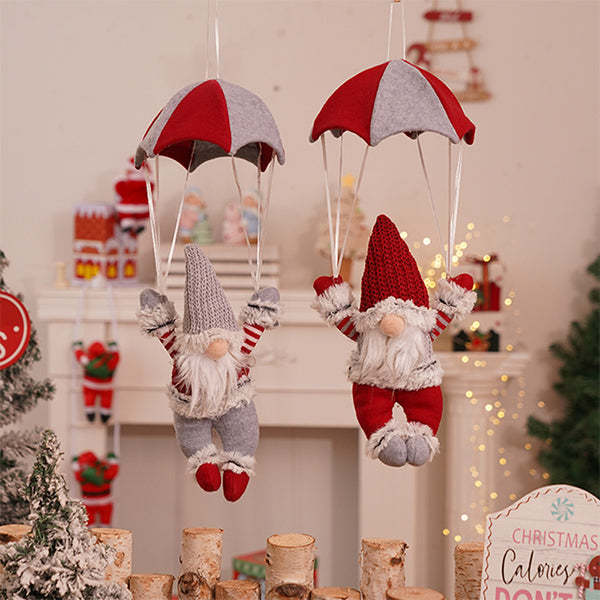 Fabric Parachute Santa Gnome Ornament - Hanging Christmas Decoration - Red Hat and Gray Hat Holiday Decor