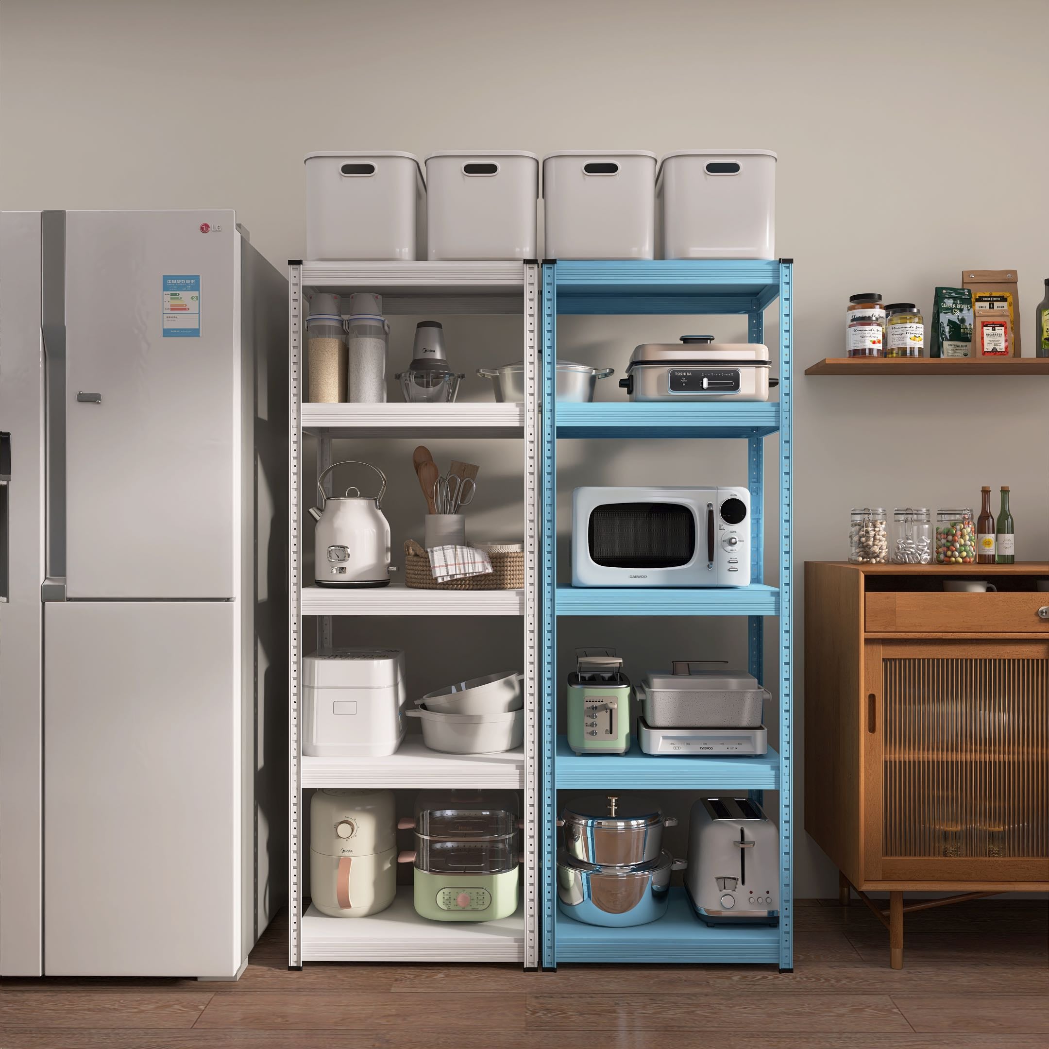 Home Storage Rack – DIY Adjustable 5-Tier Iron Shelving – Plug-In Structure Easy Self-Assembly – Mint Blue & Sage Green – Multi-Room Organizer for Kitchen Bedroom Living Room