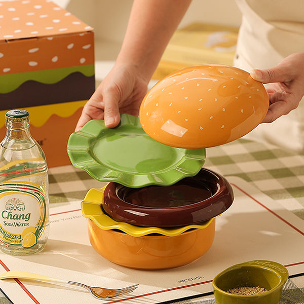 Ceramic Burger Bowl and Plate Set - Fun Tableware Design - Durable Ceramic Material - Great for Serving or Gifting