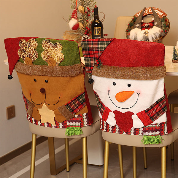 Christmas Chair Back Covers - Santa Snowman and Reindeer Designs - Short Plush Material - Holiday Dining Chair Decoration - Festive Home Party Décor