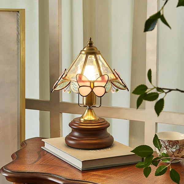 French Vintage Butterfly Table Lamp - Painted Metal Shade - Solid Wood Base - Retro Bedside Lamp