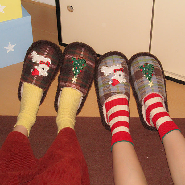 Christmas Embroidered Puppy Slippers - Plush and EVA Sole - Blue and Brown - Three Sizes - Cozy Winter Holiday Home Shoes