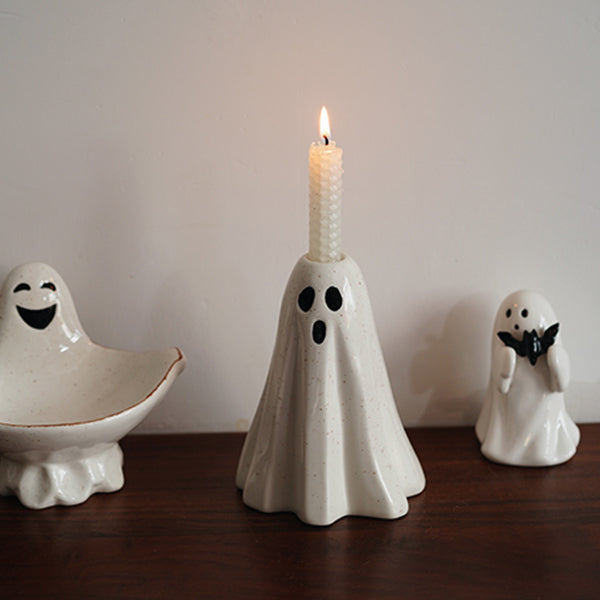 Ceramic Ghost Candle Holder - Nordic Cute Halloween Decor - Glazed Off-White Design - Festive Home Decoration - Cozy Autumn Ambience