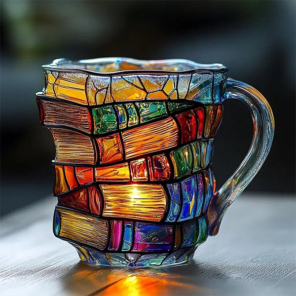 3D Painted Book Glass Mug - Handcrafted Stacked Book Design - Colorful Art Style
