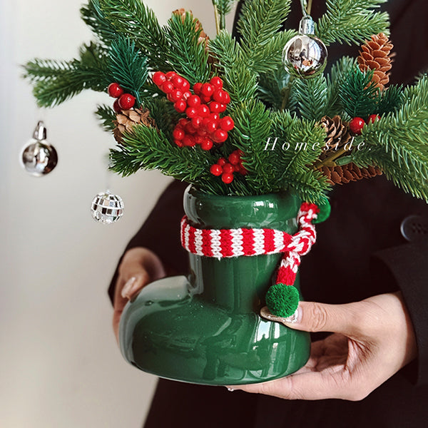 Ceramic Christmas Boot Vase - Festive Flower Holder - Red Green Yellow Holiday Decoration - Glossy Finish Home Ornament