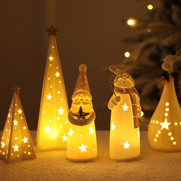 Ceramic Christmas Light-Up Figurines - Festive Holiday Decor - 4 Charming Designs - Glowing Ornament Set - High-Quality Ceramic