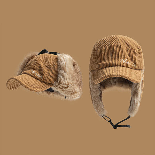 Vintage Corduroy Earflap Hat - Winter Warm Fleece Lined Cap - Outdoor Windproof Aviator Style - Fashion Cold Weather Headwear - Khaki - Black