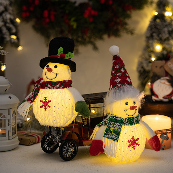 Glowing Snowman Doll Figurine - Christmas Light-Up Decoration - Fabric PVC LED Ornament - Pointed Hat and Top Hat Styles