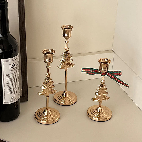 Gold Christmas Tree Candle Holder Set - Three-Piece Alloy Candelabra Decoration - Elegant Holiday Table Centerpiece - Christmas Home Decor