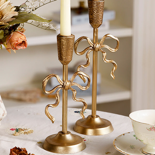 French Style Gold Bow Candle Holder - Elegant Alloy Candelabra Decoration - Short Tall or Two-Piece Set - Christmas Home Décor