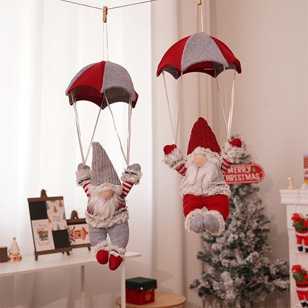 Fabric Parachute Santa Gnome Ornament - Hanging Christmas Decoration - Red Hat and Gray Hat Holiday Decor
