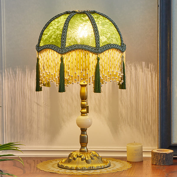 French Vintage Green Velvet Table Lamp - Beaded Fringe Shade with Tassels - Alloy and Marble Base - Elegant Retro Bedside Lamp