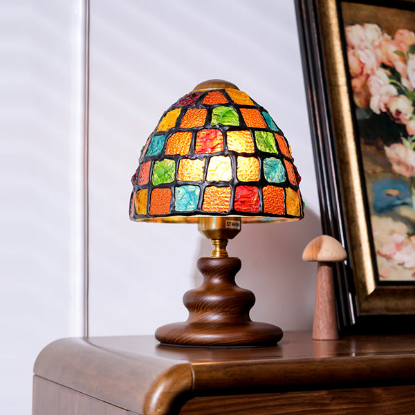 French Vintage Stained Glass Table Lamp - Mediterranean Style - White Ash Wood Base - Resin and Metal Details - Retro Bedside Light