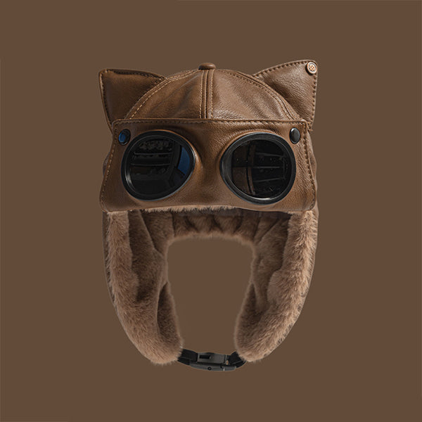 Cat Ear Aviator Hat - PU Leather Winter Cap - Furry Lined Pilot Helmet - Retro Goggles Design - Cute Warm Headwear