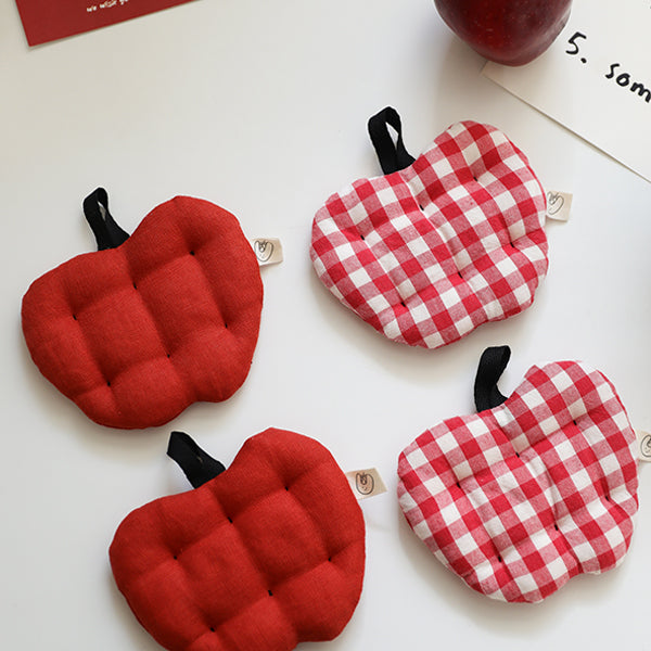 Christmas Apple Coasters - Red Linen and Checkered Cotton - Handmade Double-Layer Heat-Resistant Drink Mats