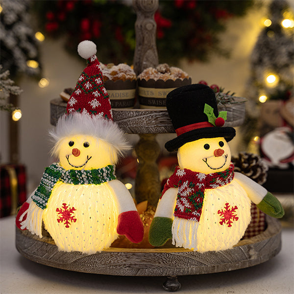 Glowing Snowman Doll Figurine - Christmas Light-Up Decoration - Fabric PVC LED Ornament - Pointed Hat and Top Hat Styles