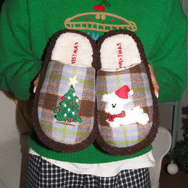 Christmas Embroidered Puppy Slippers - Plush and EVA Sole - Blue and Brown - Three Sizes - Cozy Winter Holiday Home Shoes