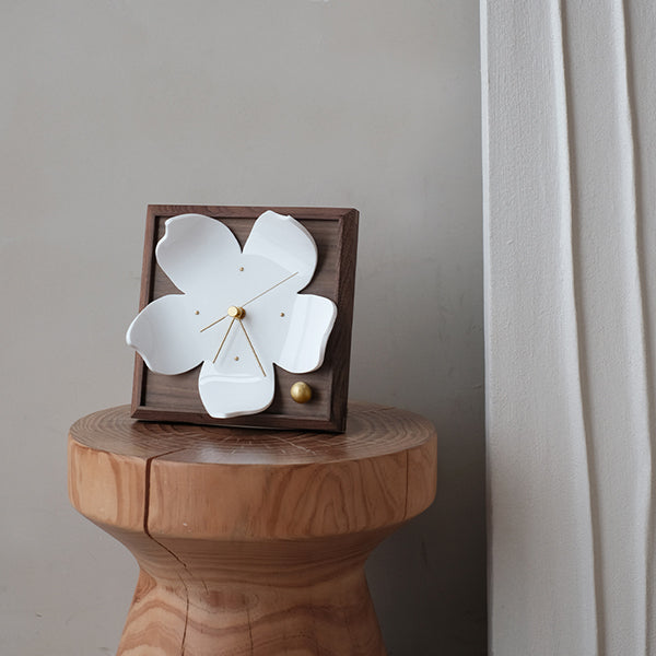 Sakura Blossom Table Clock - Ceramic Petals - Wooden Frame - Gold Accents