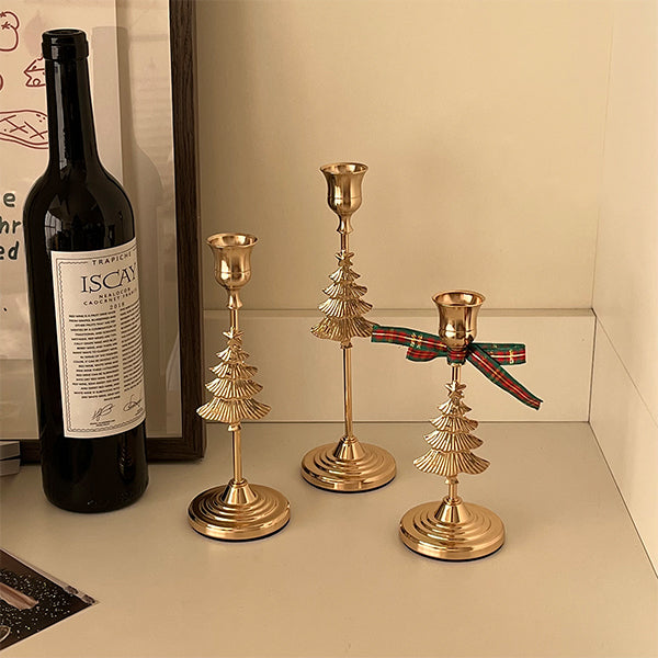 Gold Christmas Tree Candle Holder Set - Three-Piece Alloy Candelabra Decoration - Elegant Holiday Table Centerpiece - Christmas Home Decor