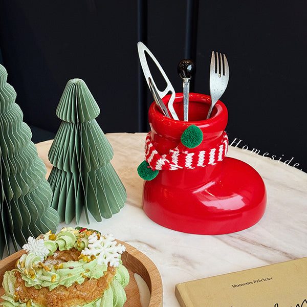 Ceramic Christmas Boot Vase - Festive Flower Holder - Red Green Yellow Holiday Decoration - Glossy Finish Home Ornament