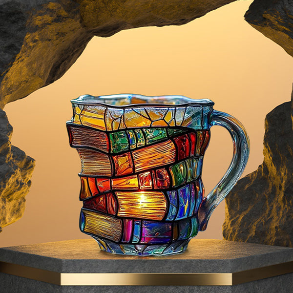 3D Painted Book Glass Mug - Handcrafted Stacked Book Design - Colorful Art Style