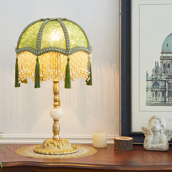 French Vintage Green Velvet Table Lamp - Beaded Fringe Shade with Tassels - Alloy and Marble Base - Elegant Retro Bedside Lamp