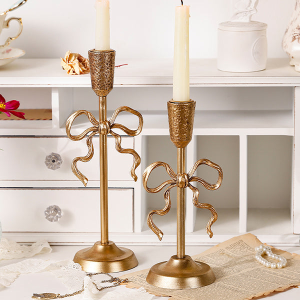 French Style Gold Bow Candle Holder - Elegant Alloy Candelabra Decoration - Short Tall or Two-Piece Set - Christmas Home Décor