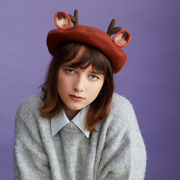 Wool Felt Reindeer Beret Hat - Christmas Antler Cap - Festive Winter Accessory